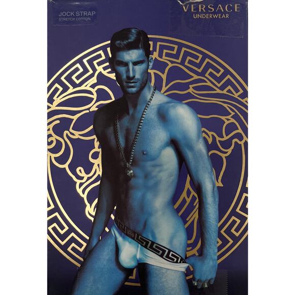M2-2 VERSACE Men's Greca Jockstrap Underwear Stretch Black/Blue Size 7/36-38/L - Picture 10 of 10
